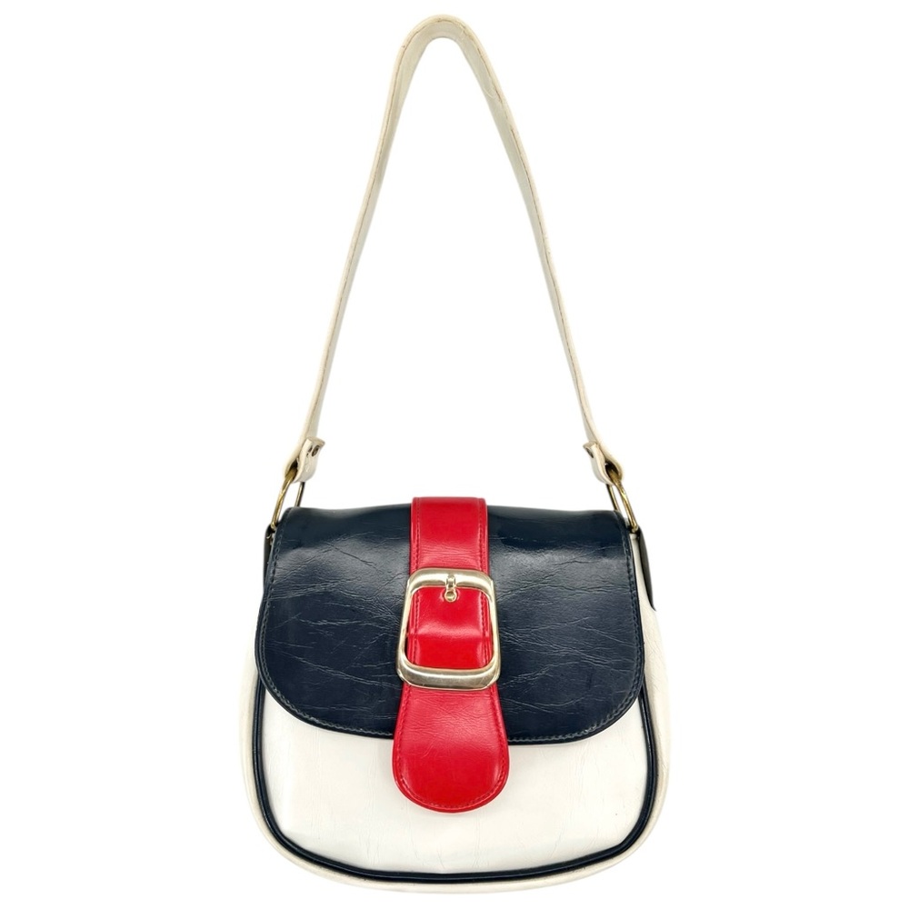 Vintage Cream Red Navy Blue Colorblock Large Buckle Leather Handbag Shoulder Bag
